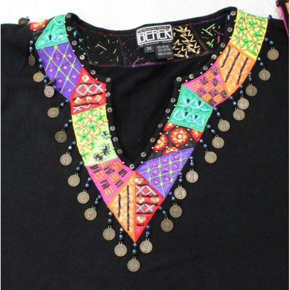 Boerek Womens 3X Black Embroidered Tunic With Colorful Patchwork & Coin Accents - Picture 2 of 10